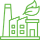 A green line drawing of a factory with a leaf coming out of the chimneys.