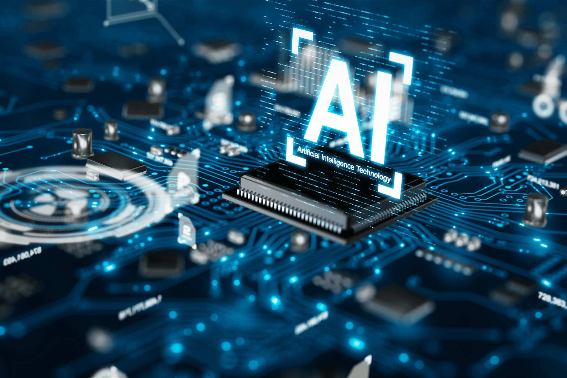 A computer chip with the word ai written on it is sitting on top of a motherboard.