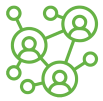A green icon of a network of people connected to each other.