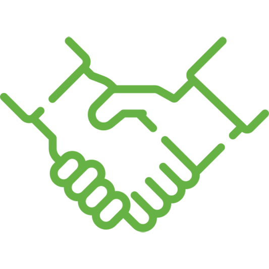 A green icon of a handshake between two people.