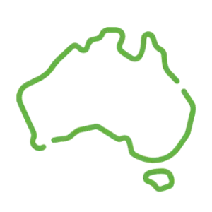 A green line drawing of a map of australia on a white background.