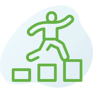 A line drawing of a person jumping over blocks.