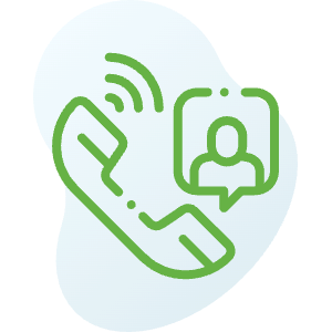 A green line icon of a phone with a person in a speech bubble.