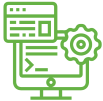 A green icon of a computer with a gear on it.