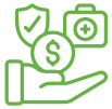 A hand is holding a shield , money , and a medical kit.