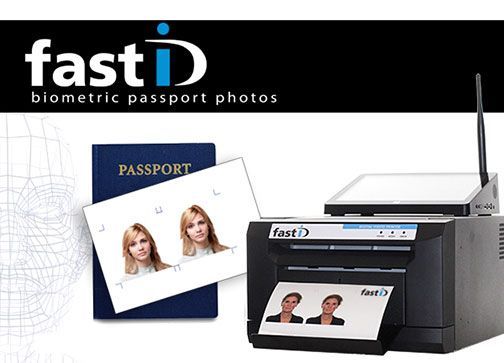 A fast id biometric passport photo printer with a passport in the background