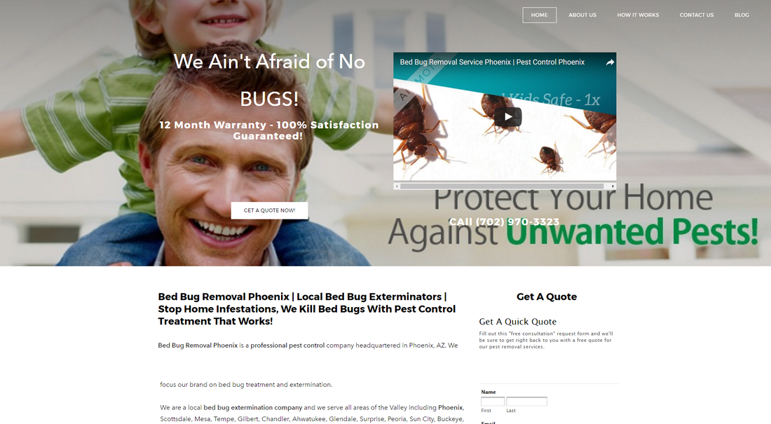 A man is carrying a child on his shoulders on a website that says protect your home against unwanted pests.