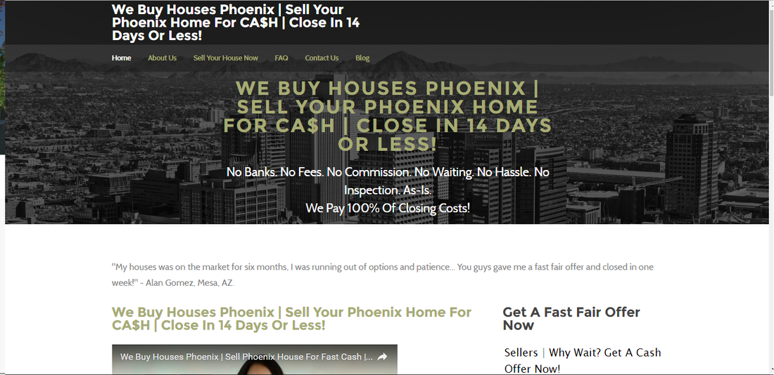 A screenshot of a website that says we buy houses phoenix sell your phoenix home for cash close in 14 days or less.