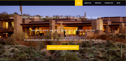 A website for a real estate company shows a large house in the desert.