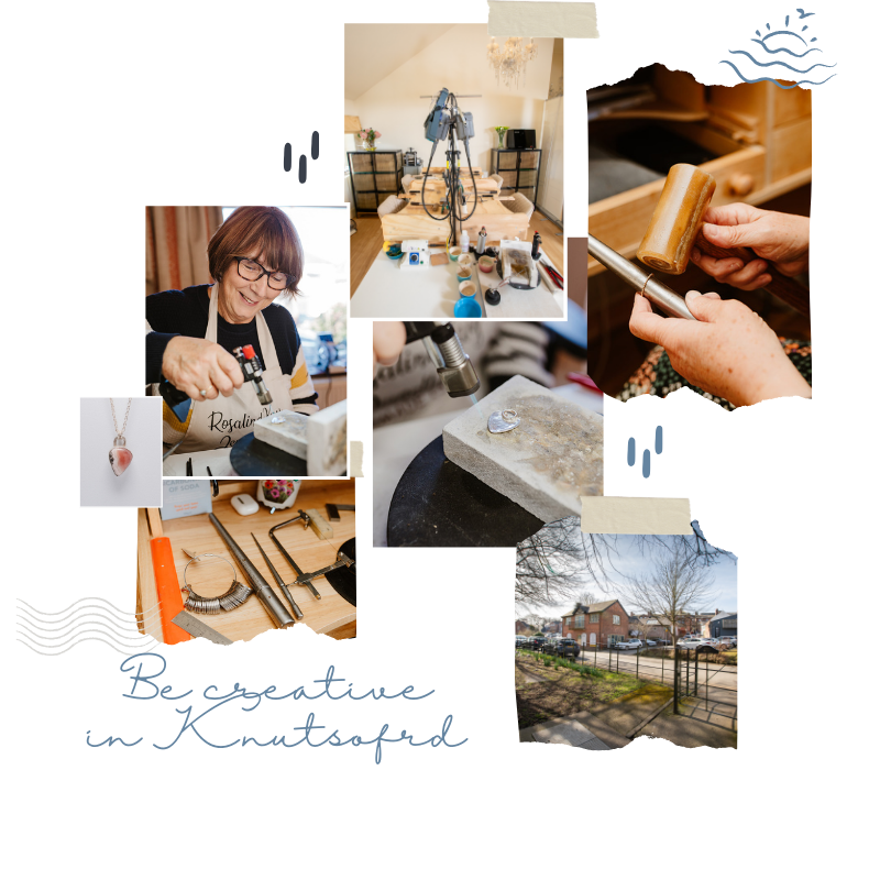 A collage of photos of a woman making jewelry.