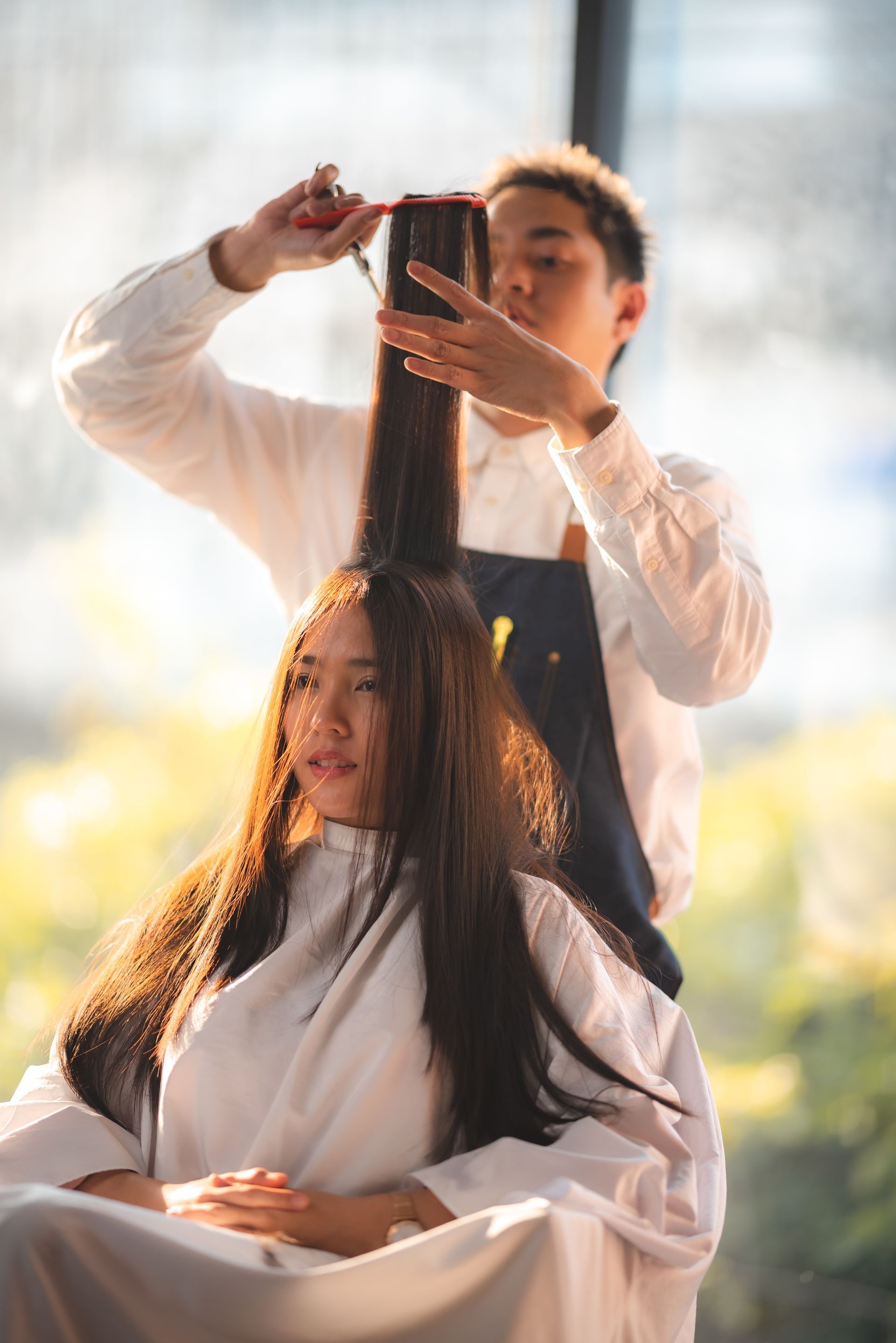 Hairdresser cutting a woman's long, dark hair in a salon. Sunlight streams through a window.