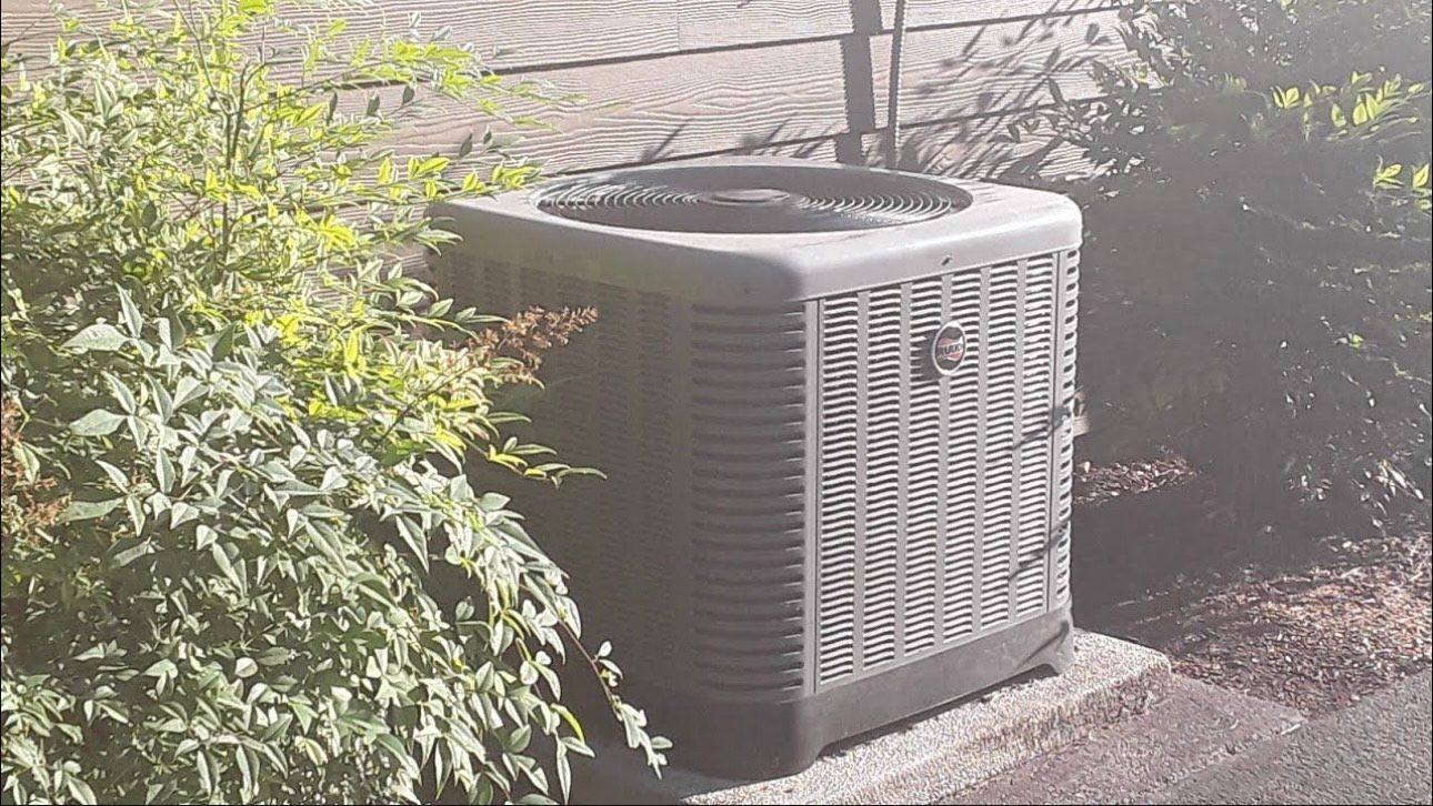 An air conditioner is sitting on the side of the road next to a bush.