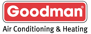 The logo for goodman air conditioning and heating is red and white.