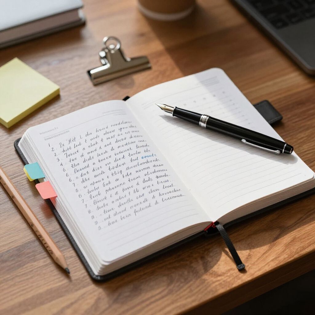 Cuaderno abierto con notas escritas a mano y un bolígrafo sobre un escritorio de madera.