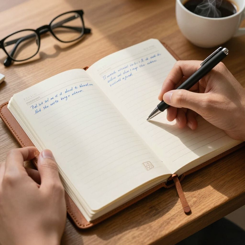 Persona escribiendo en un cuaderno rayado con un bolígrafo, una taza de café y gafas sobre una mesa de madera.