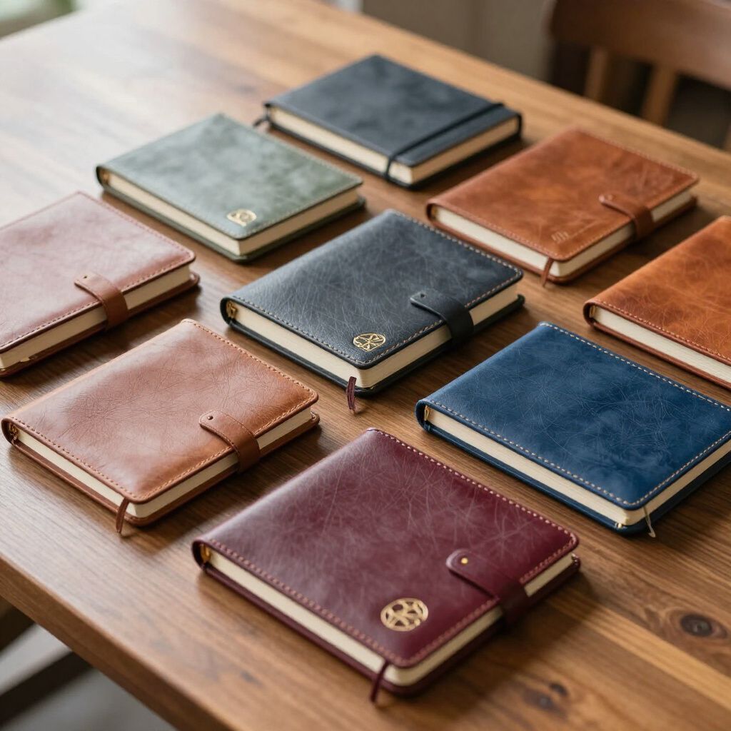 Cuadernos surtidos encuadernados en piel, en varios colores, dispuestos sobre una mesa de madera.