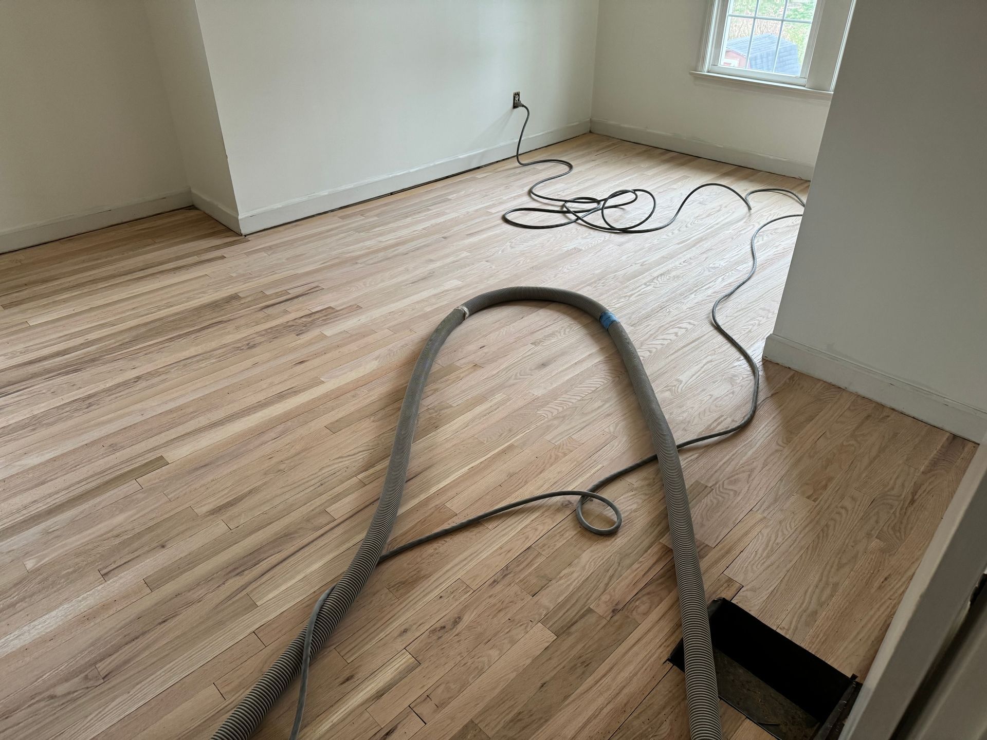 A vacuum cleaner is sitting on a wooden floor in a room.