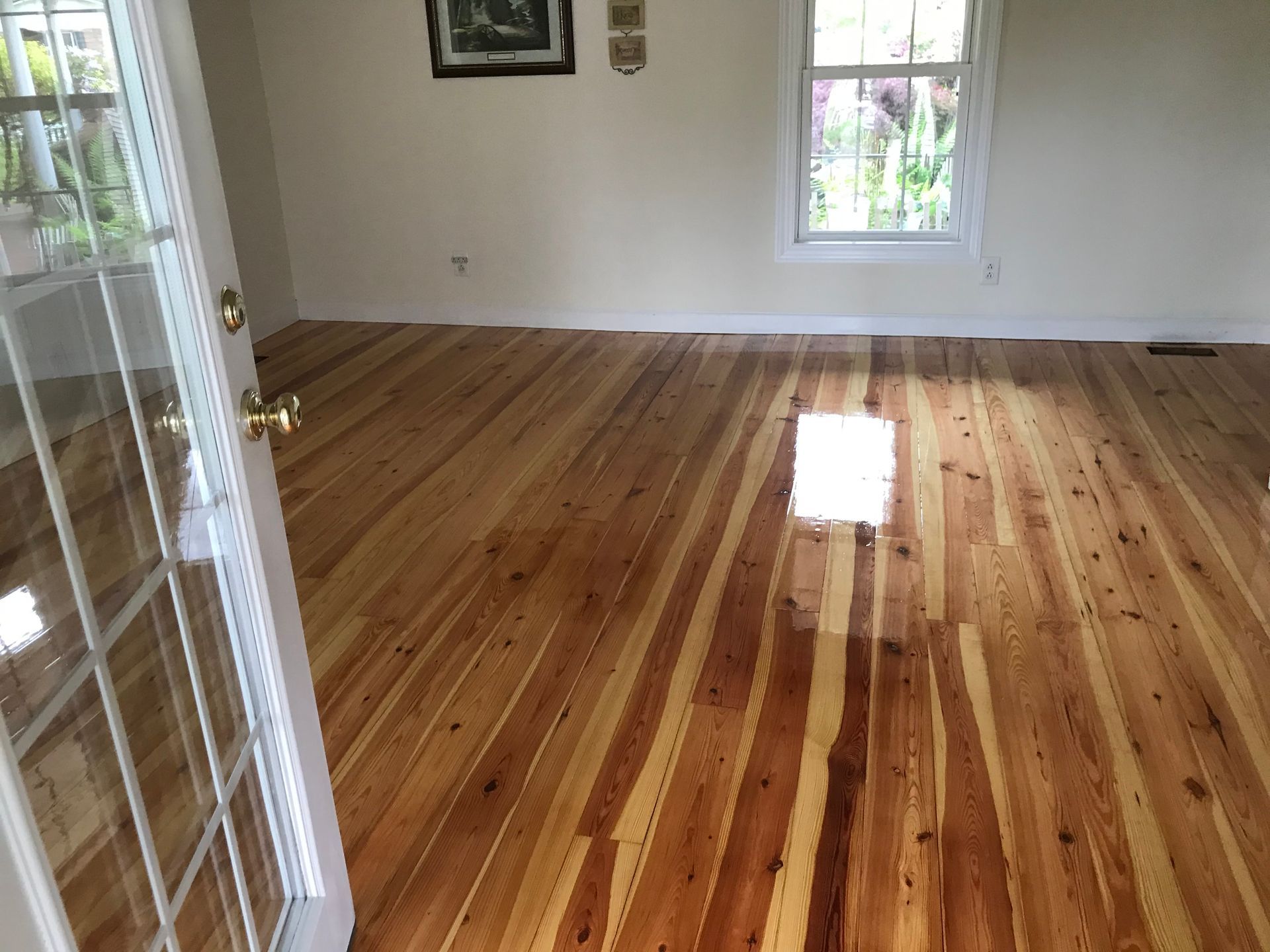 A living room with a wooden floor and a french door.