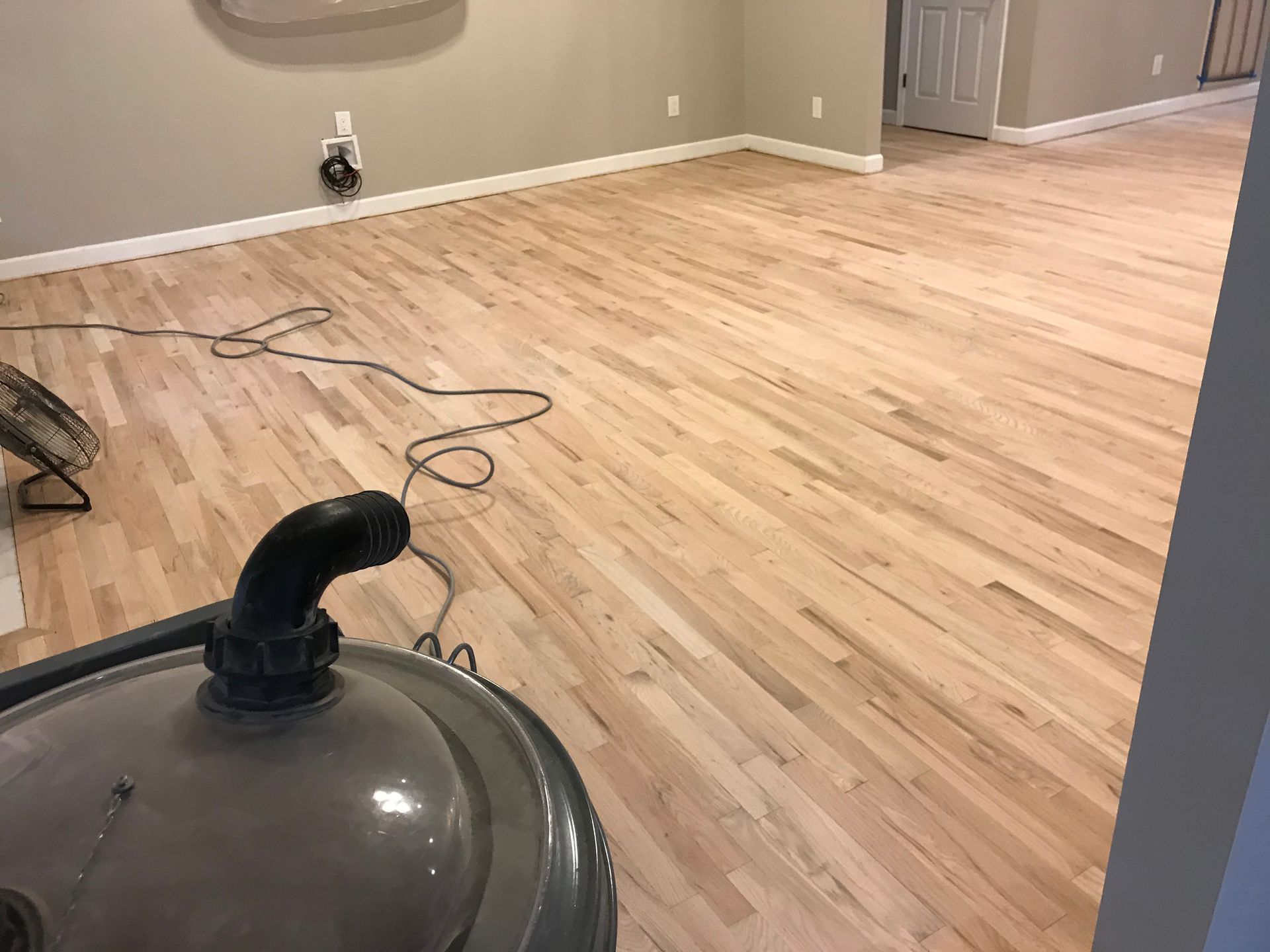 A vacuum cleaner is sitting on a wooden floor in a room.