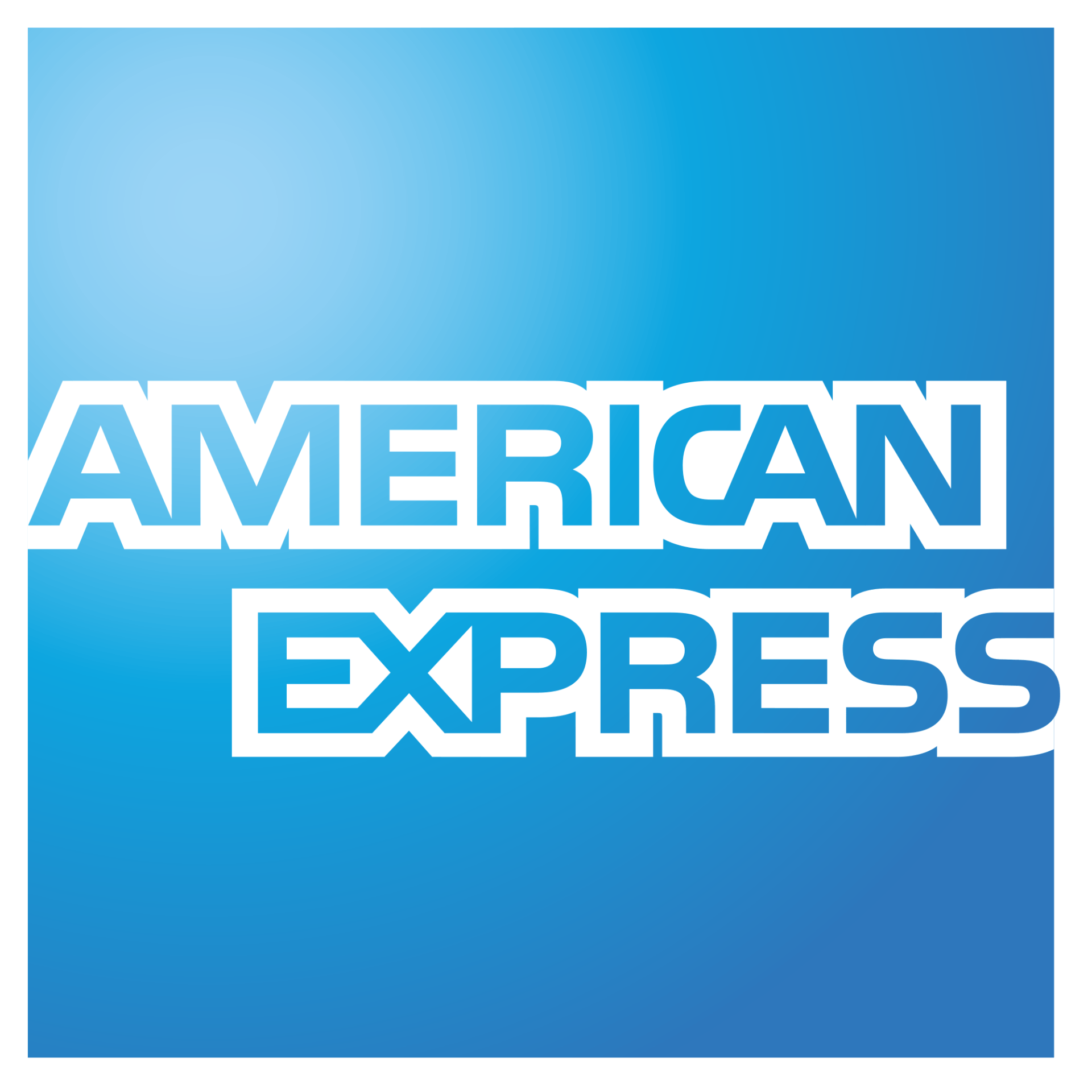 The American Express blue square logo featuring the brand name in white, bold, sans-serif capital letters.
