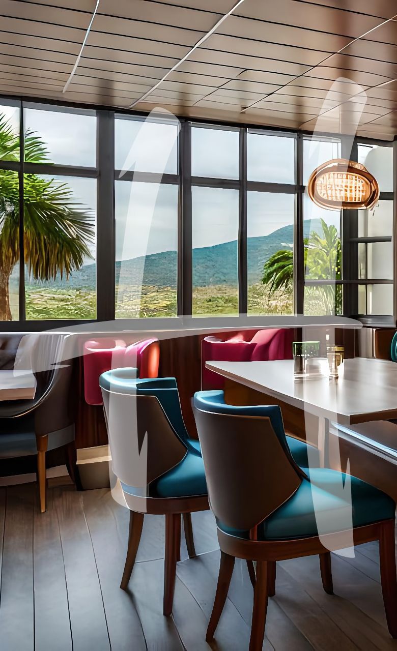 Restaurantinterieur met grote ramen die uitzicht bieden op de bergen. Tafels met turquoise en bruine stoelen.