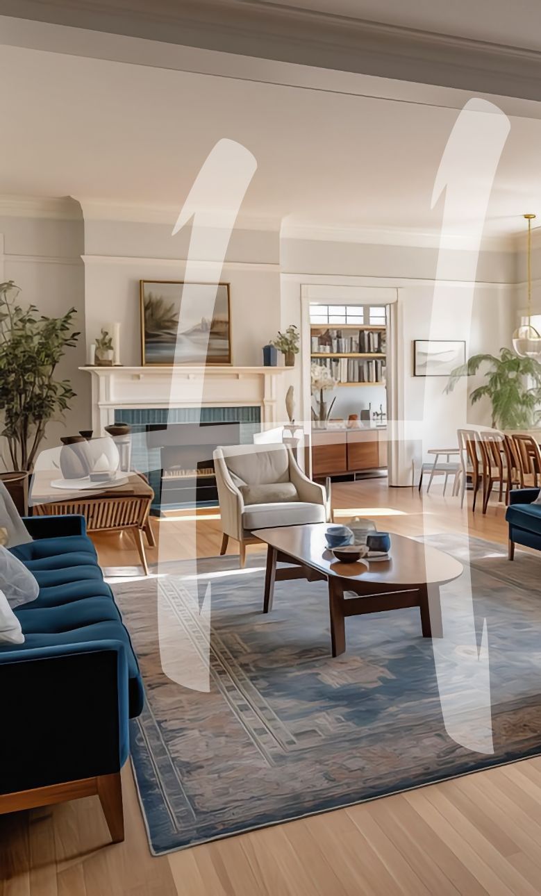 Woonkamer met blauwe accenten, vloerkleed, open haard en uitzicht op de eetkamer.