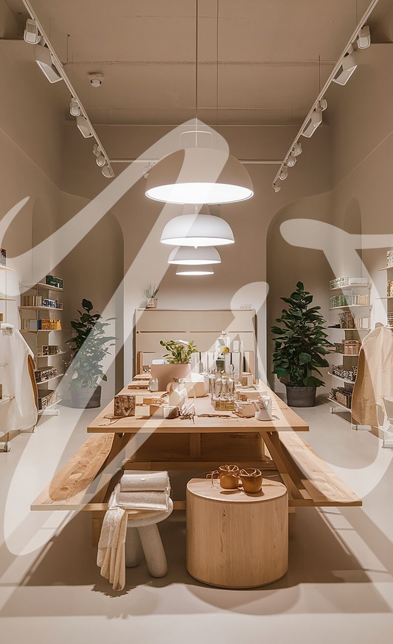 Winkelinterieur met houten tafel en diverse woonaccessoires. Beige kleurenschema, plafondverlichting.