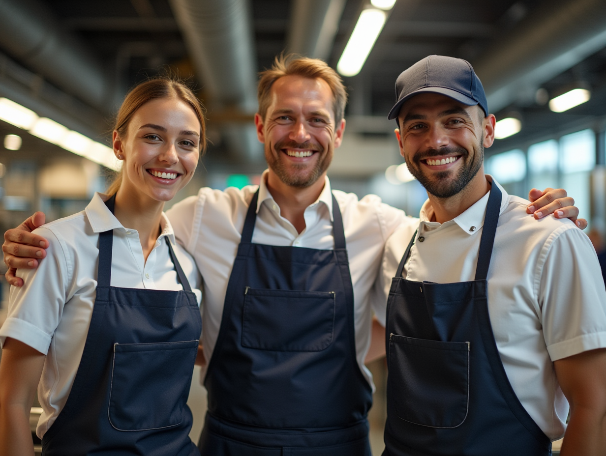Drie mensen in schorten glimlachen en slaan hun armen om elkaar heen. In een keuken of industriële ruimte met plafondverlichting.