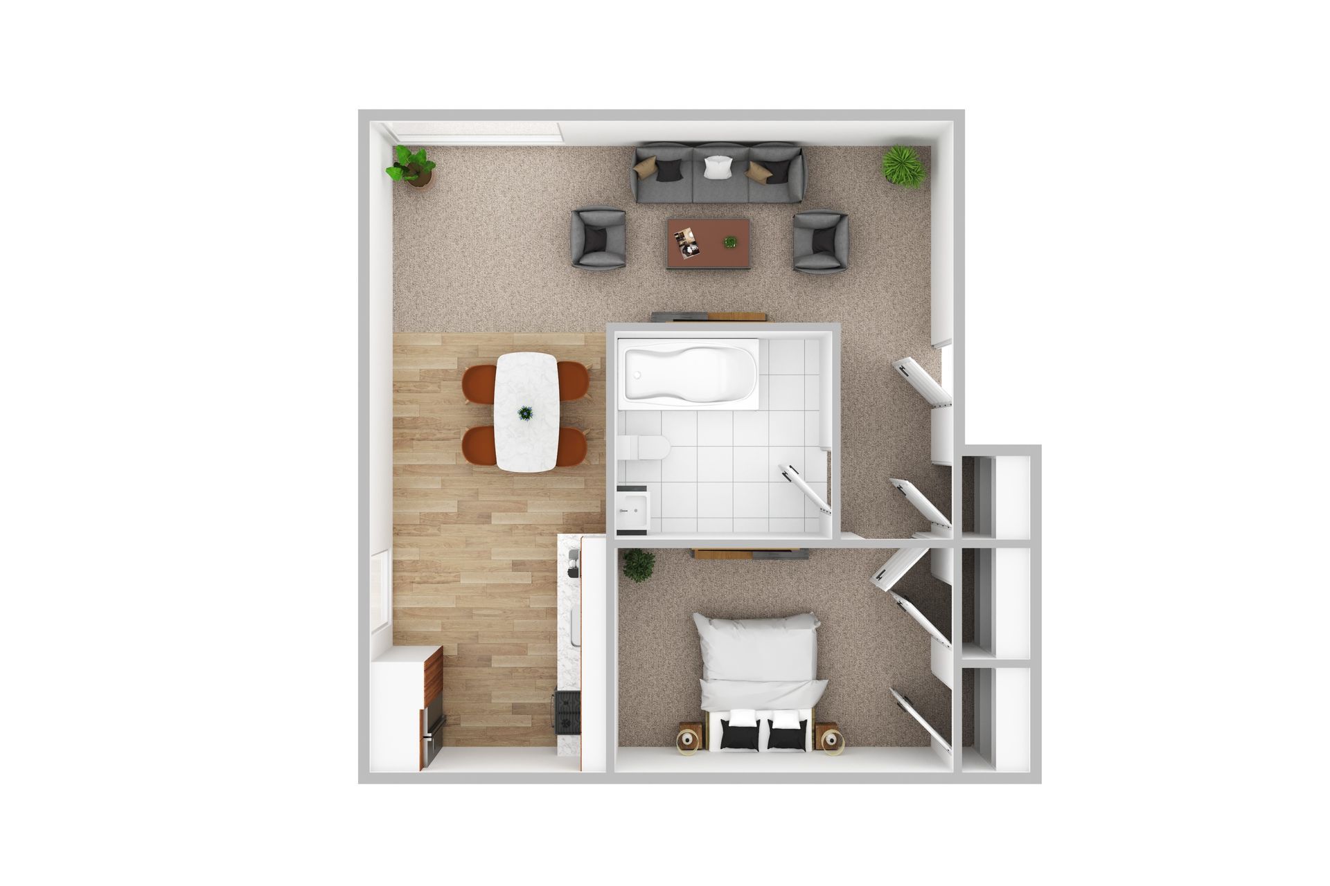 A 3d floor plan of a small apartment with a bedroom , living room , dining room , and bathroom.