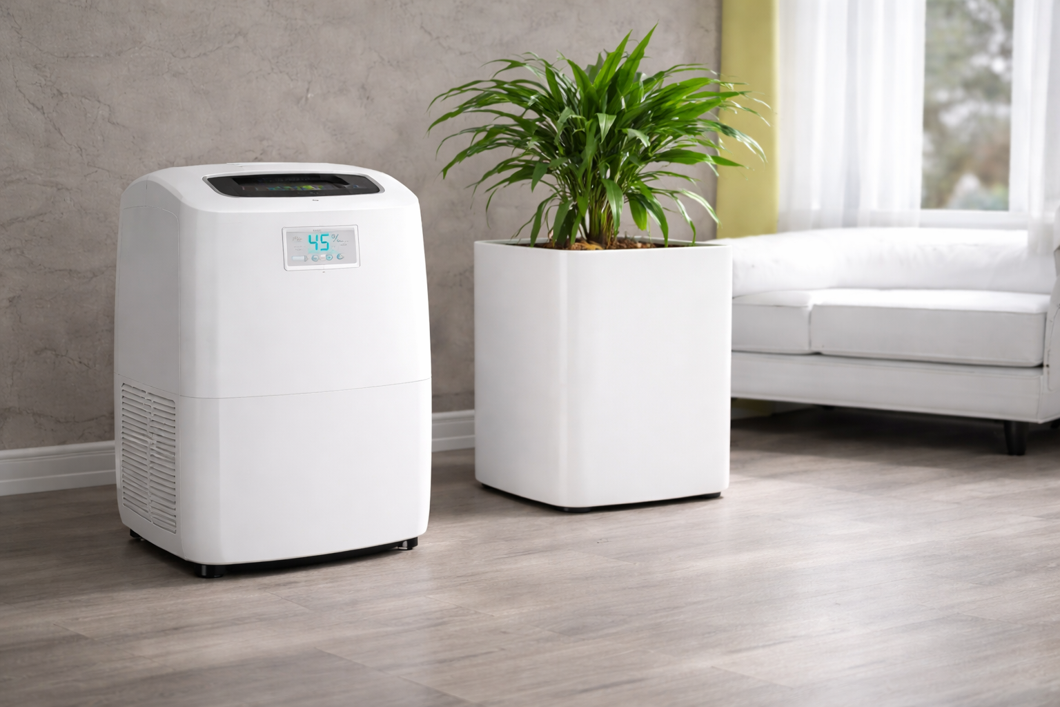 A white portable air conditioner stands next to a large potted plant in a bright, modern living room.