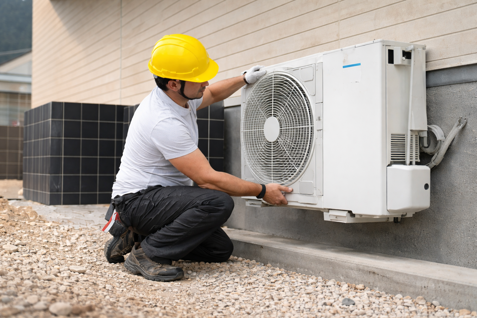 A technician in a yellow hard hat kneels on gravel, inspecting the outdoor unit of an HVAC system mounted to a building.