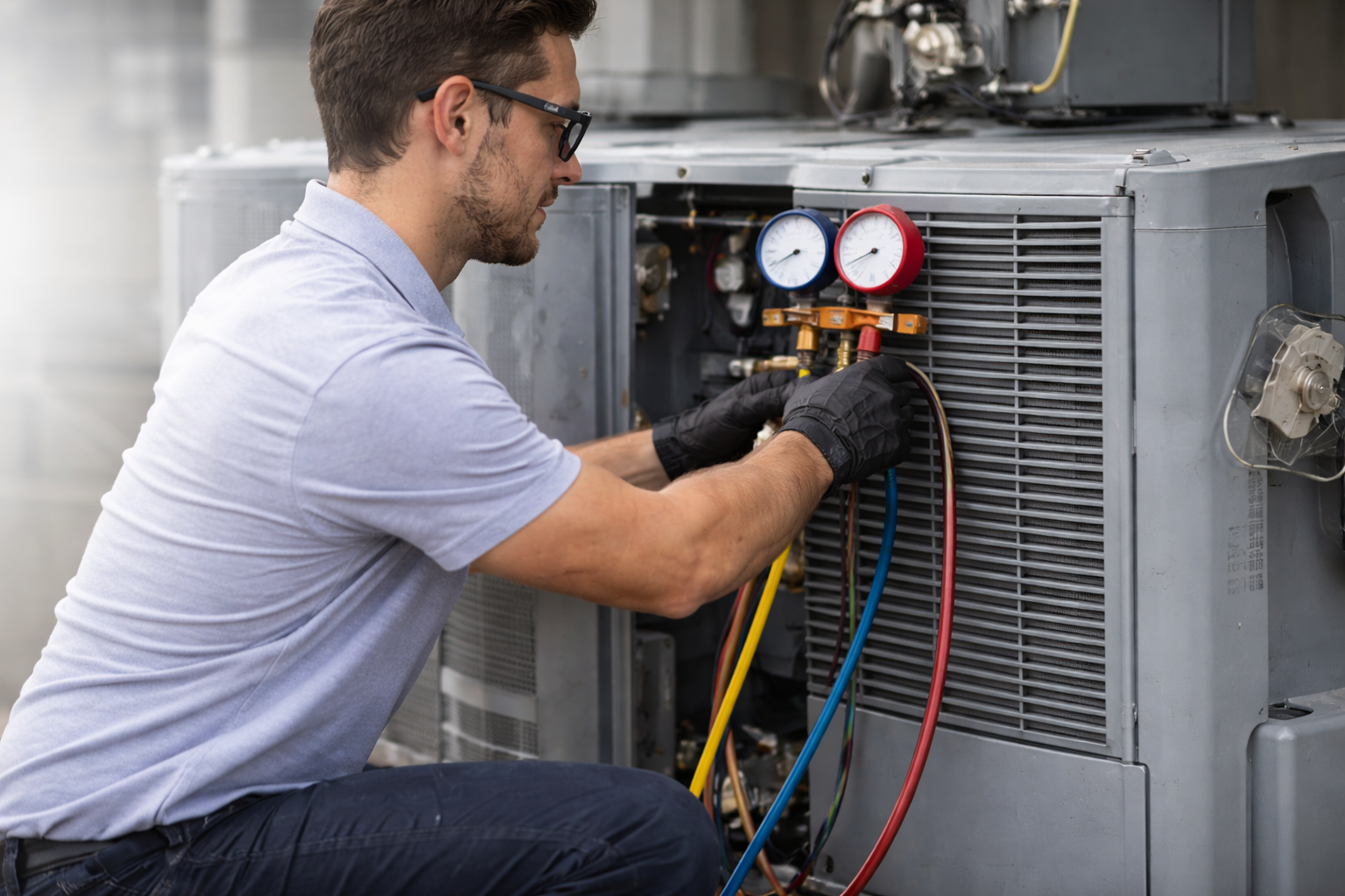 A service technician wears protective gloves and glasses while using a manifold gauge set to repair an outdoor AC unit.