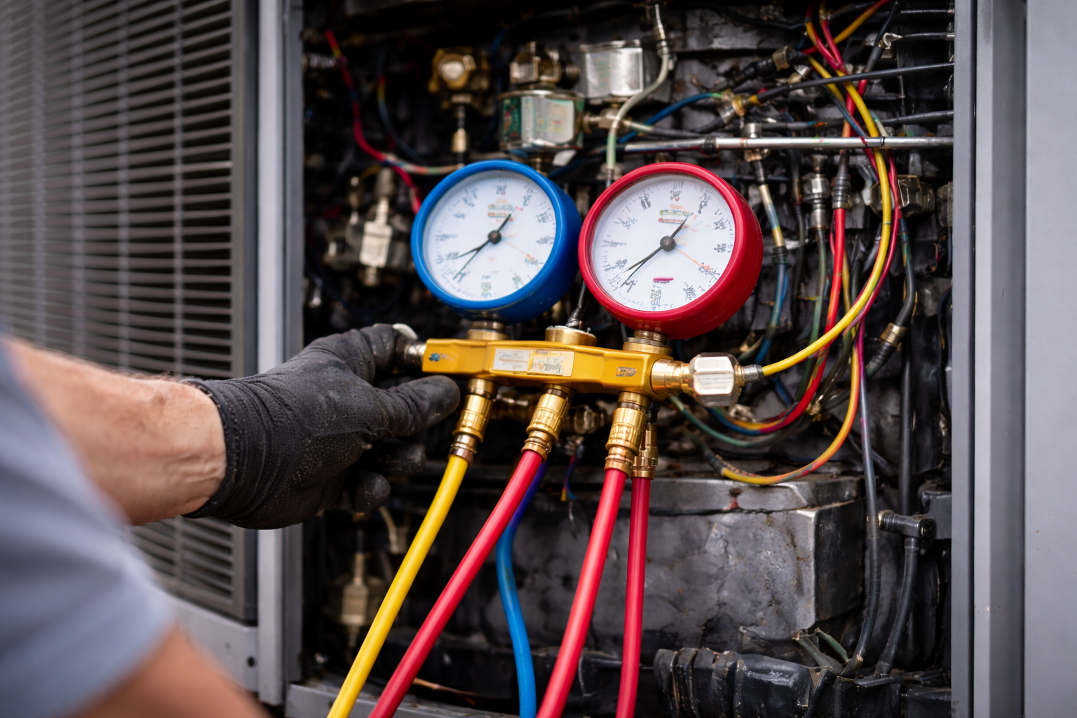 A technician wearing black gloves uses a manifold gauge set to check the pressure of an HVAC unit.