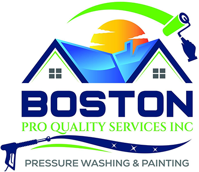 The logo for boston pro quality services inc. is a pressure washing and painting company.