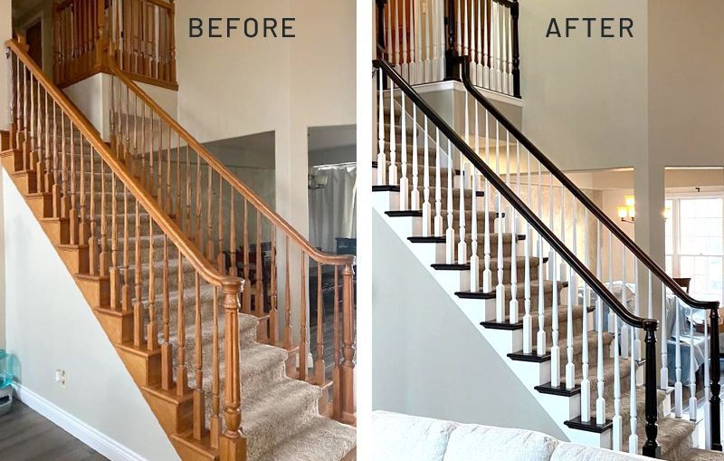 A before and after picture of a staircase in a house.