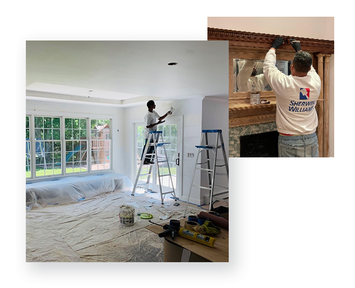 Two men are painting a living room and a fireplace.