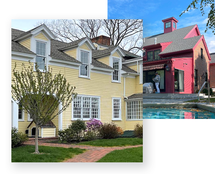 A yellow house next to a red house and a pool.