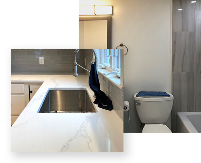 A kitchen , bathroom and sink are shown in a collage.