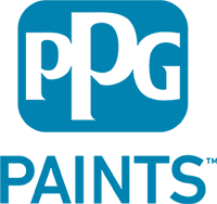 A blue and white logo for ppg paints