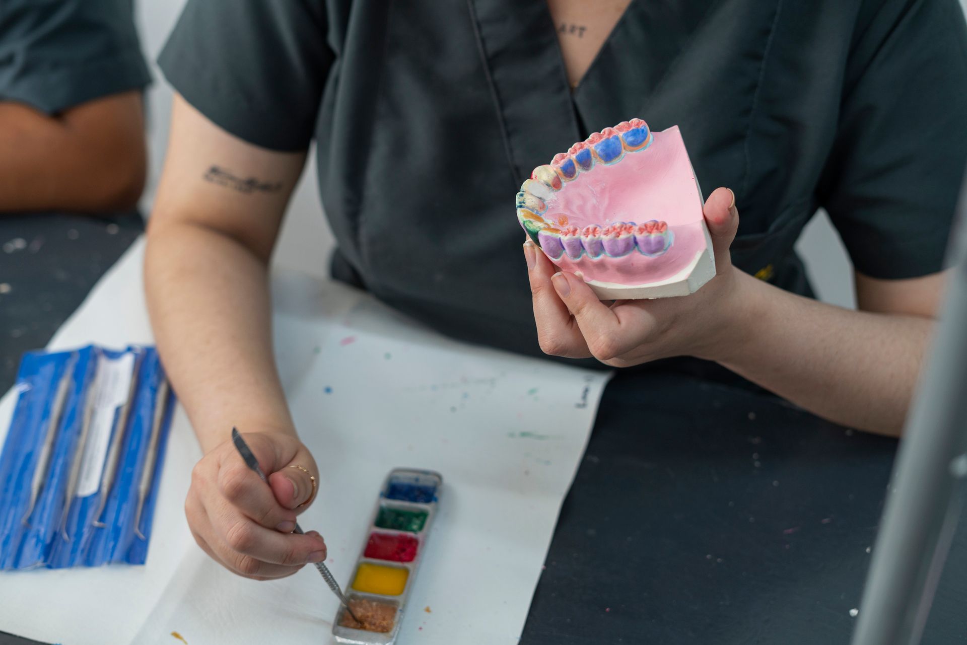 Person painting a dental mold with a palette of colors.