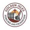 Logo for Golden Isles Fencing and Excavation featuring a fence, an excavator, and a cross in a circular brown frame.