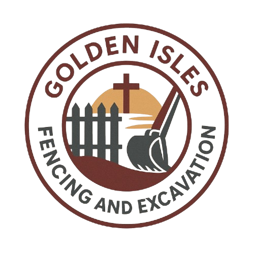 Logo for Golden Isles Fencing and Excavation featuring a fence, an excavator, and a cross in a circular brown frame.