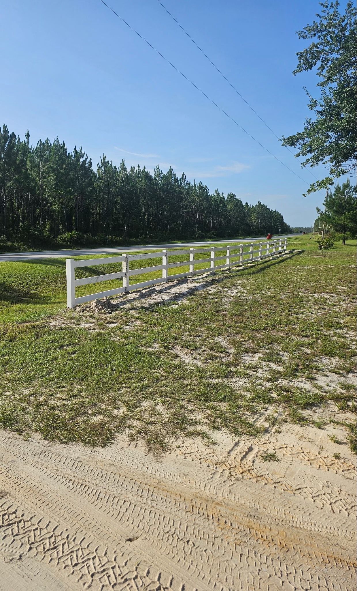 A white rail fence runs along a sandy, grassy path beside a line of trees under a clear blue sky.