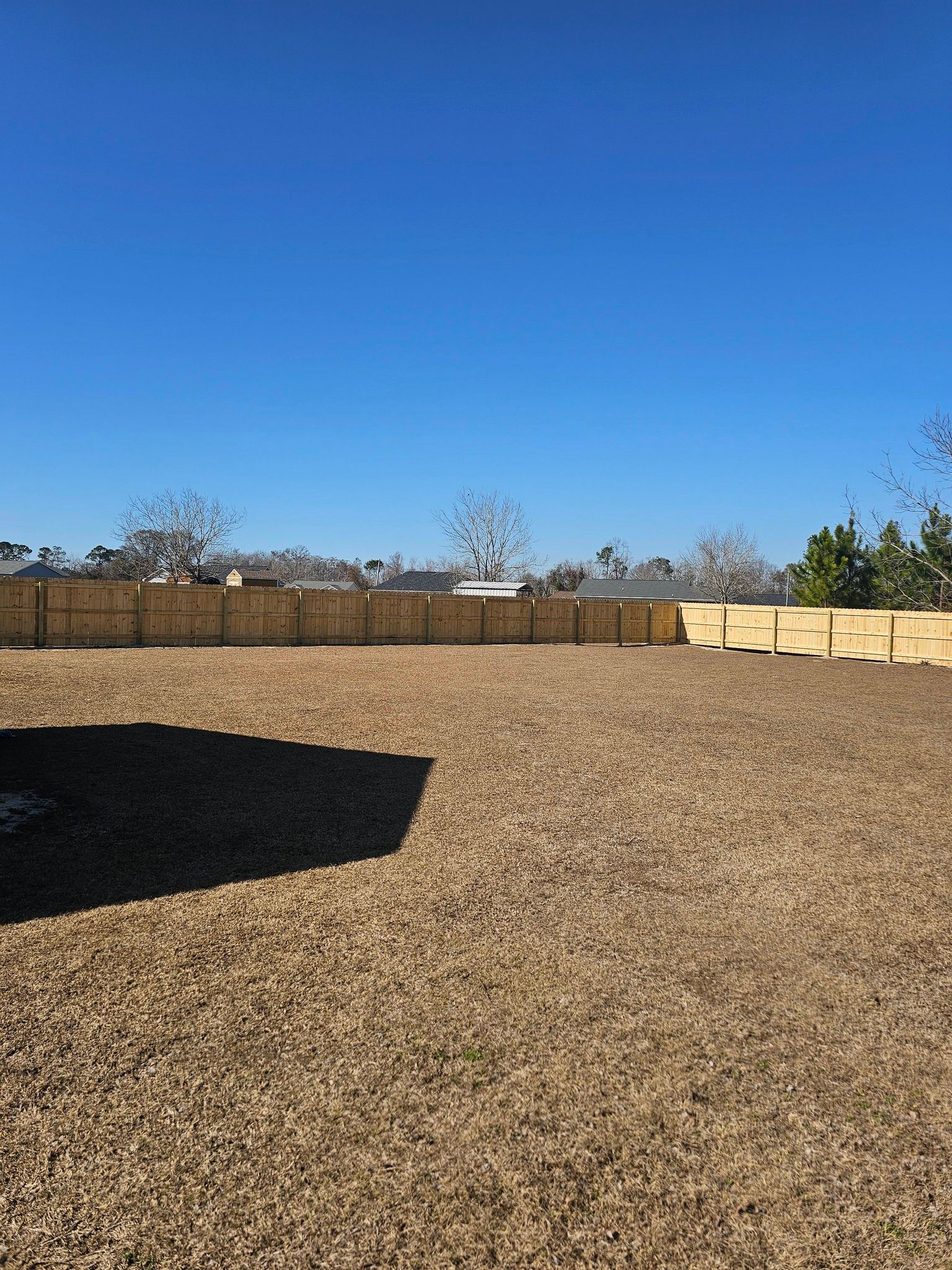 A wide, gravel-covered backyard with a tall, light-wood fence against a clear blue sky on a sunny day.