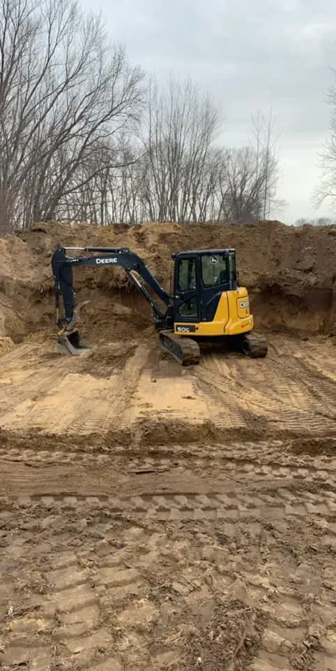 Yellow and blue excavator on a dirt slope, with bare trees in the background