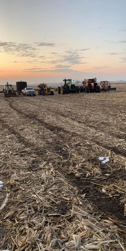 Harvested cornfield at sunset with tractors and farm equipment working in the distance