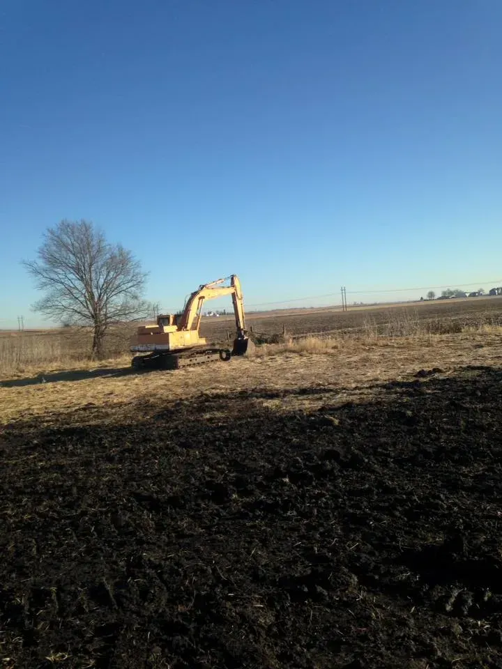 Excavator working in a burned field under a clear blue sky, with a tree at left.