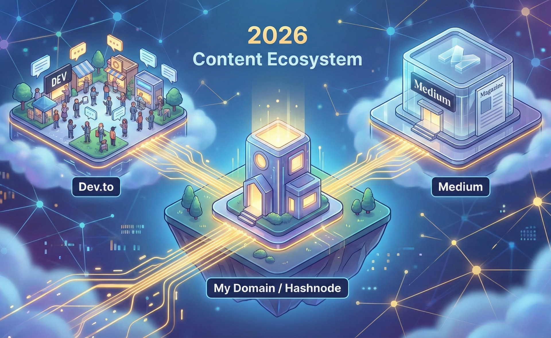 Diagram of a 2026 content ecosystem. Platforms Dex.to, Medium, and My Domain/Hashrods linked by golden lines, with cloud backgrounds.