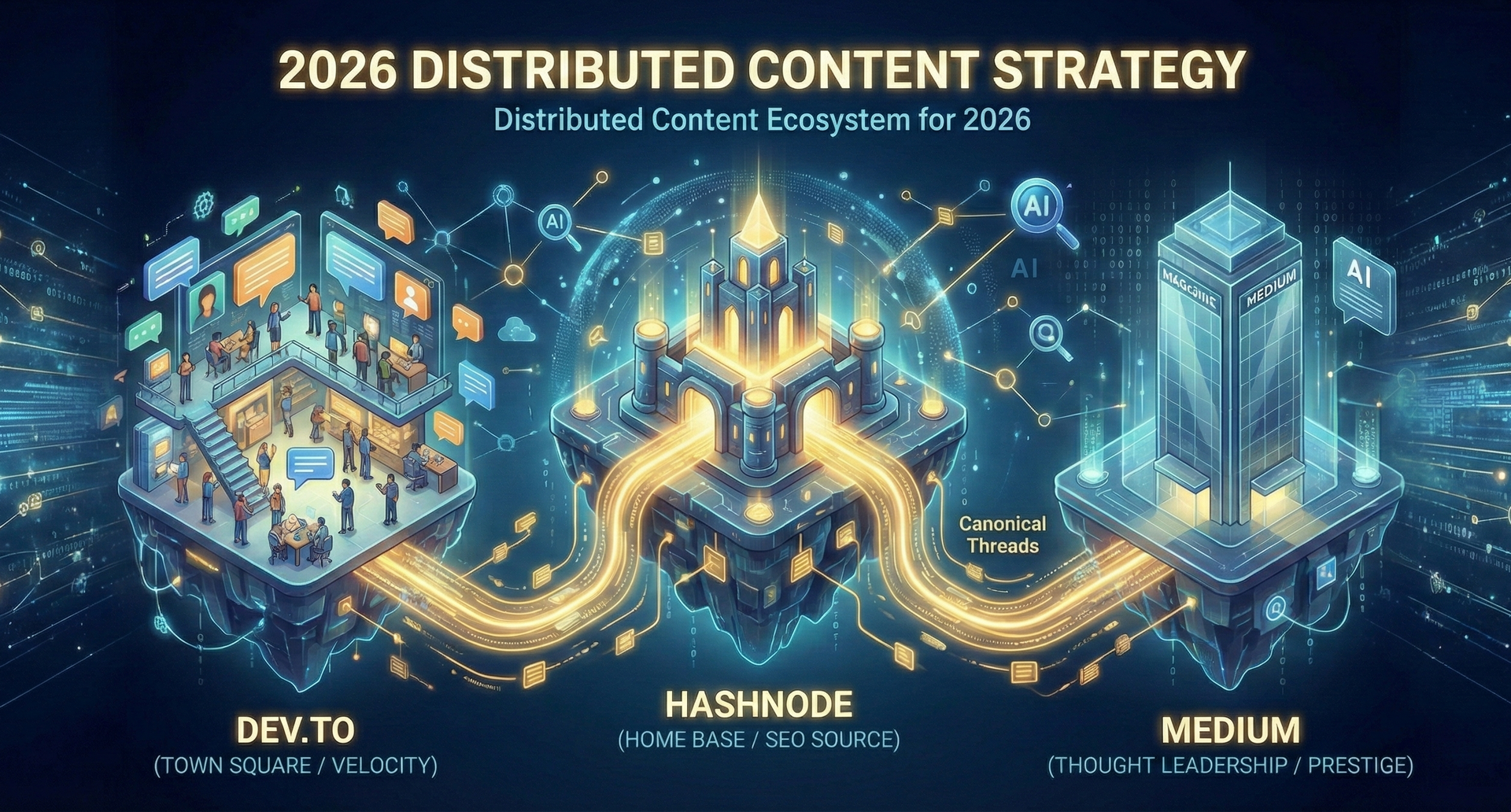 2026 Distributed Content Strategy graphic: digital illustration of a connected ecosystem with nodes and data flow between platforms