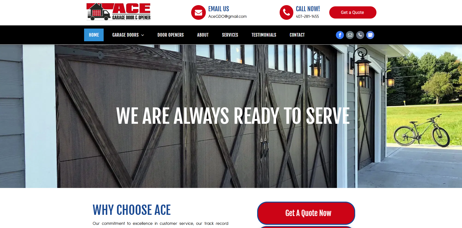 A website for ace garage doors shows a picture of a garage door and says we are always ready to serve.